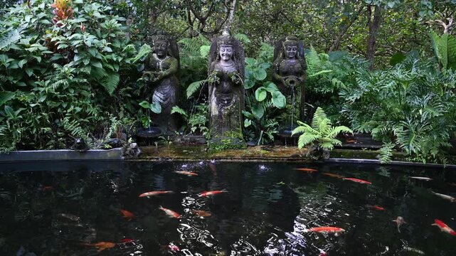 Stone fountains flow beside koi pond in Monkey Forest