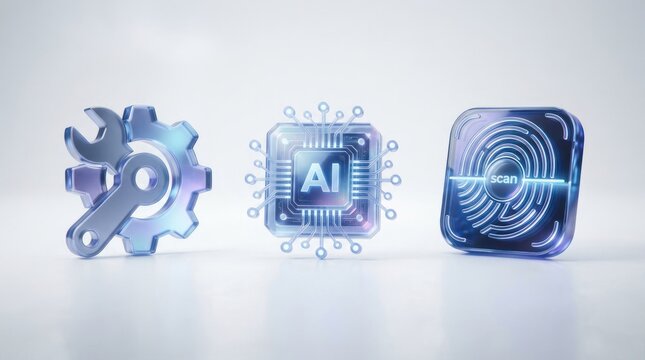 Three Icons Representing Technology - AI, Fingerprint, and Tools.