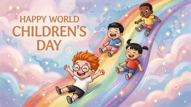 Cheerful Diverse Children Sliding Down a Colorful Rainbow Against a Sky Filled with Clouds and Stars