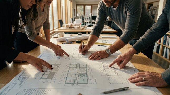 Team of architects collaborating on blueprints in a modern office setting.