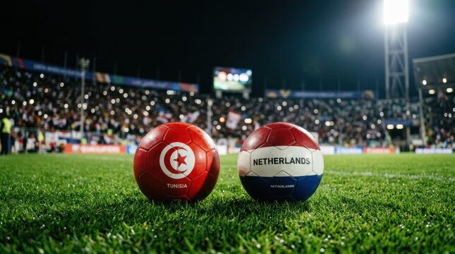 Tunisia and Netherlands Footballs on Stadium Grass Before Match.