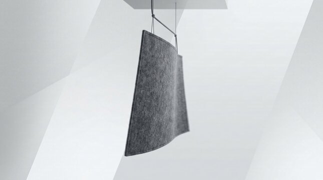 Modern grey felt acoustic baffle panel hanging from ceiling in a minimalist white interior office space with geometric light and shadow patterns for sound absorption.
