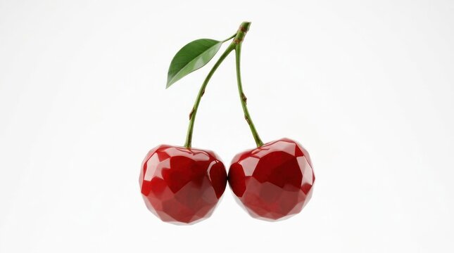 Two Ripe Red Cherries with Stems and Leaf on White Background.