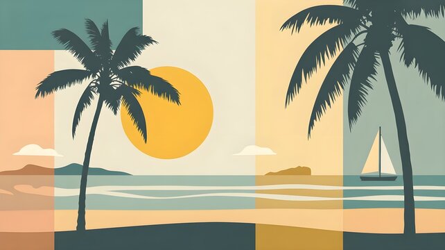 Abstract minimalist beach landscape illustration perfect for a relaxing summer bank holiday vacation and travel background design