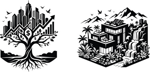 Fototapeta premium Black and white silhouette illustration of economic growth tree with city skyline and modern tropical house in natural landscape