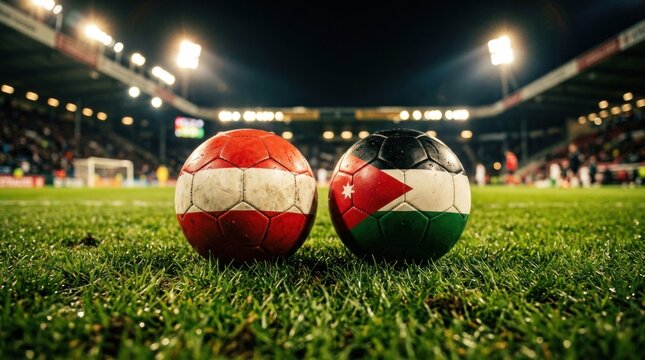 Two Soccer Balls with Austrian and Palestinian Flags on a Football Field at Night.