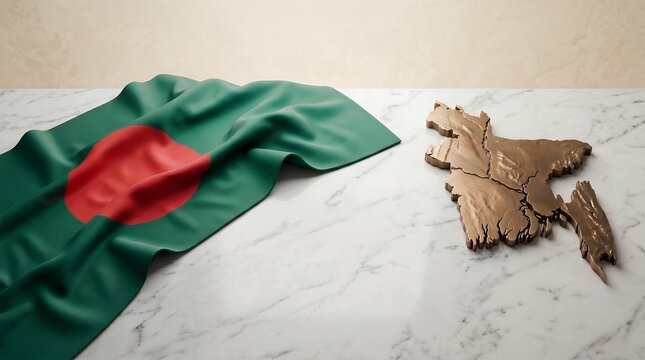 Realistic Bronze 3D Map Outline of Bangladesh Next to Fabric National Flag