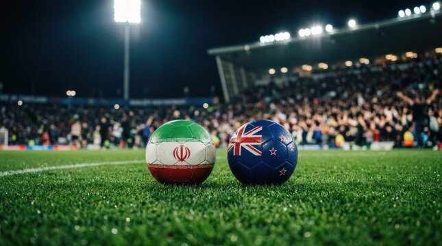 Two Soccer Balls with National Flags of Iran and Australia on a Football Field at Night.