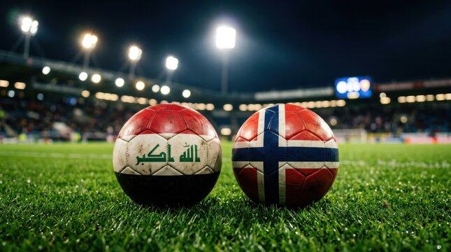 Two Soccer Balls with Iraq and Norway Flags on a Football Field at Night.