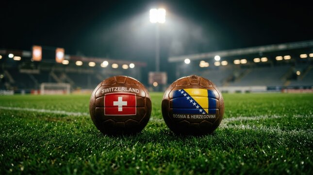 Two Vintage Soccer Balls Representing Switzerland and Bosnia on a Football Field.