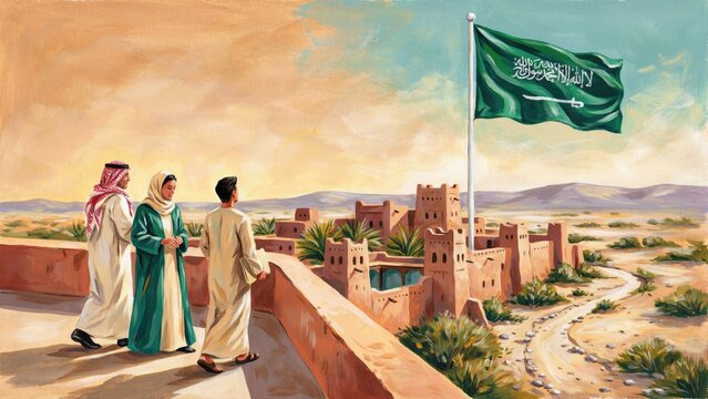 Individuals admire Saudi Arabian landscape with national flag