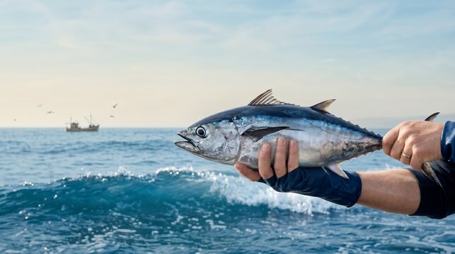 Freshly Caught Tuna Fish Held by Fisherman with Fishing Boat in Ocean Background