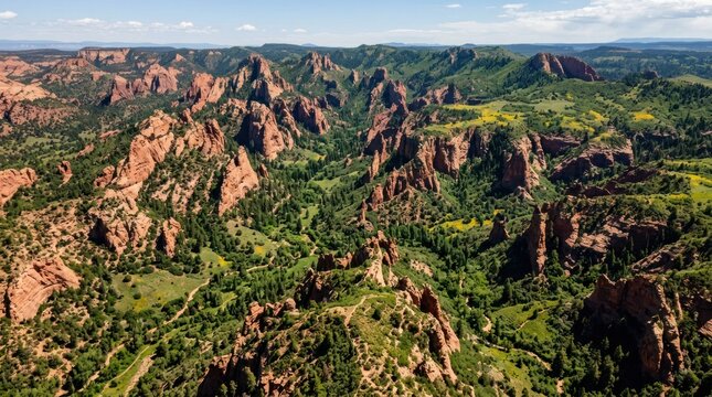 Vast Red Rock Canyon Landscape with Lush Green Vegetation Under a Clear Blue Sky.
