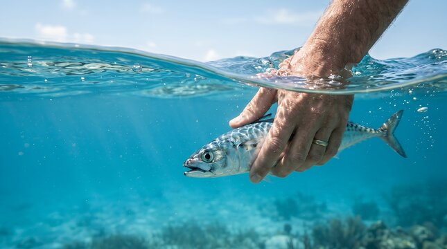 Person Holding Freshly Caught Fish Underwater In Crystal Clear Ocean Water With Sunlight