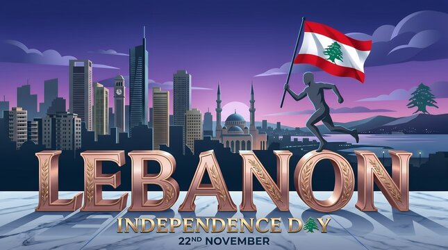 Stylized 3D Typography Celebrating Lebanon Independence Day with a Running Figure Holding the National Flag Over a Cityscape at Dusk