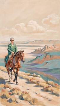 Rider on horseback in scenic landscape with mountains and hills