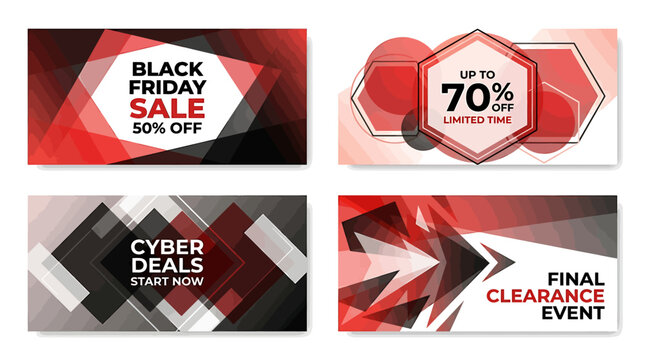 Set of four geometric abstract sale banners for Black Friday, Cyber Deals, and clearance events.