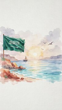 Watercolor landscape featuring Saudi Arabian flag by the sea at sunset
