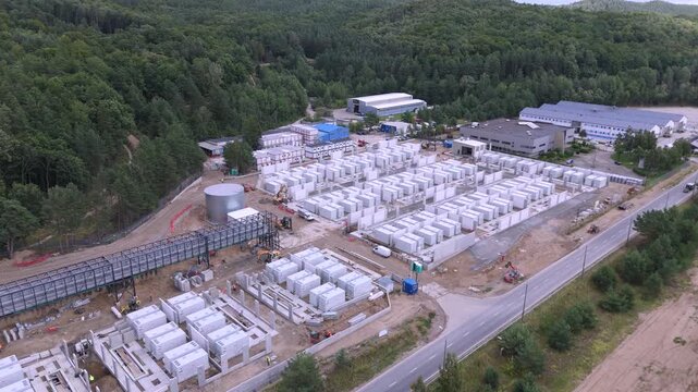 Aerial View of Large Scale BESS Battery Energy Storage System Construction Site and Renewable Infrastructure
