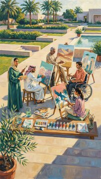 Artists collaborating outdoors painting in a serene environment