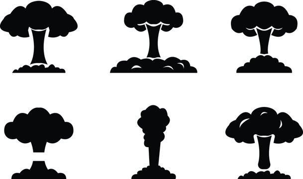 nuclear explosion mushroom cloud icon set, with bomb blast, detonation fire and smoke vector, flying debris, and nuclear mushroom cloud symbol for game interfaces or safety signage. graphic styles