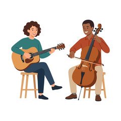 Fototapeta premium Diverse young musicians playing guitar and cello together on wooden stools in flat vector illustration