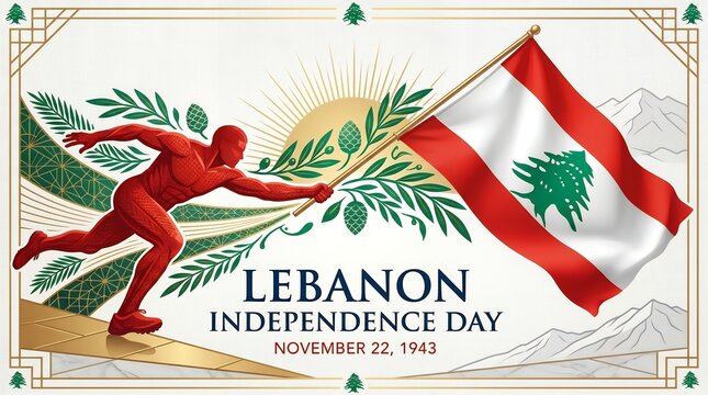 Stylized Red Male Figure Running With Lebanon Flag and Laurel Branches Celebrating National Independence Day
