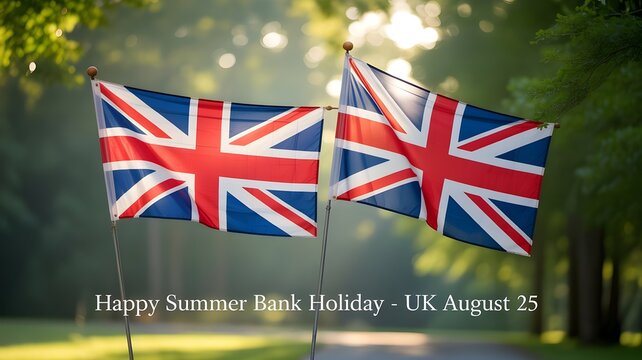 Two british union jack flags waving in a sunny park setting for a summer bank holiday celebration