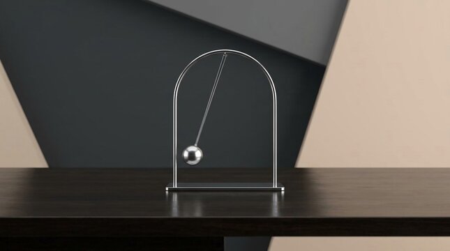 Single chrome metal pendulum swinging on a dark wooden office desk with a geometric abstract background of grey and beige panels. Minimalist executive desk toy reflecting motion.