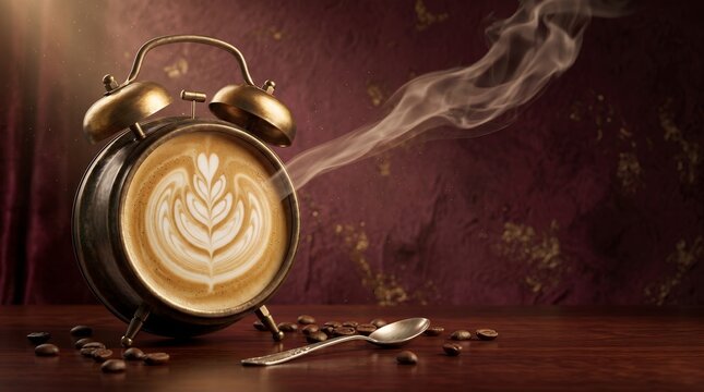 Vintage Alarm Clock Filled With Frothy Latte Art Coffee and Wisps of Steam