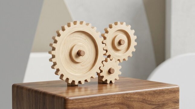 Three interlocking light-colored wooden gears of various sizes mounted on a dark wood pedestal. The mechanical cogs are set against a minimalist, out-of-focus geometric background.