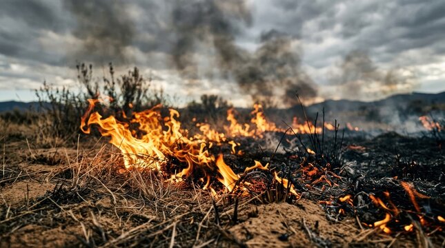 Wildfire raging through dry brush and vegetation under a stormy sky.