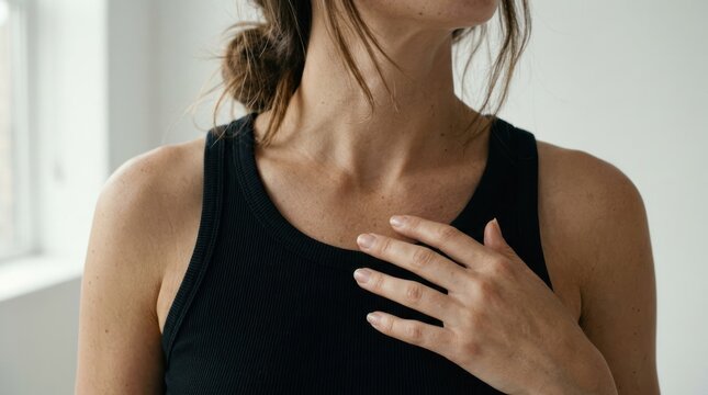 Woman in Black Tank Top Touching Her Chest with Hand.