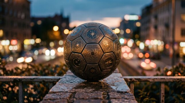 Vintage Soccer Ball on a Stone Pedestal at Dusk with City Lights.