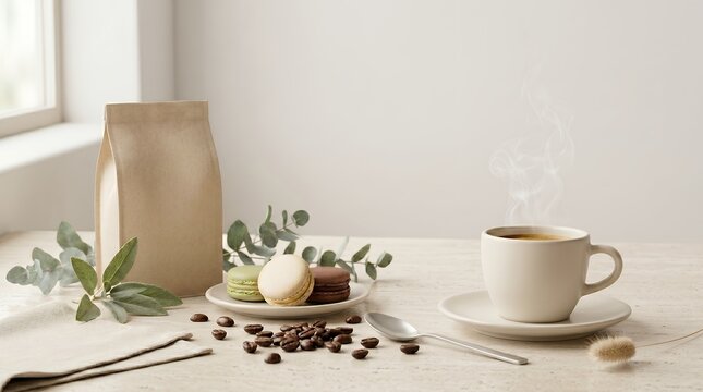 Aesthetic Still Life of Hot Coffee Cup, Macarons, Coffee Beans, and Brown Paper Bag on Table