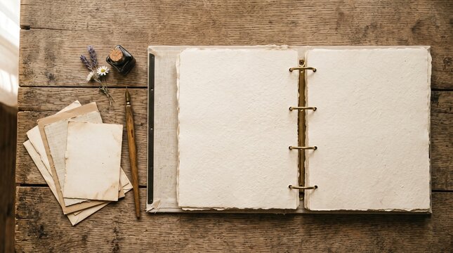 Nostalgic creative setup of an open empty ring bound scrapbook with textured paper and paper photo frames on oak wood