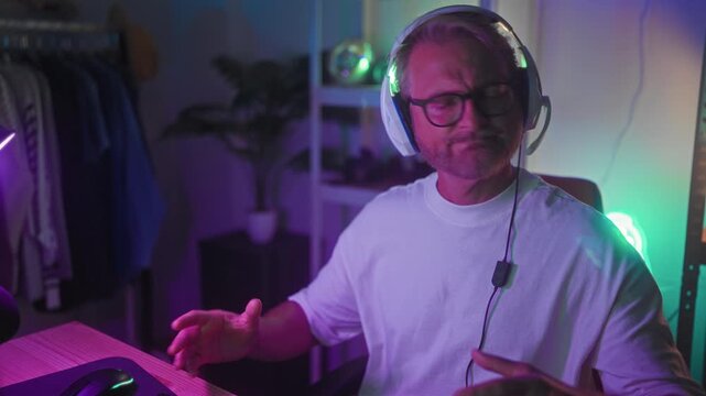 Man in white tee adjusting headset and raising hands in a gaming studio with neon lights, desk, mouse and shelves; frustration focus.