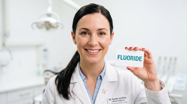 Professional dental hygienist smiling while holding fluoride treatment sign in dental clinic with equipment visible background small sign with professional bright
