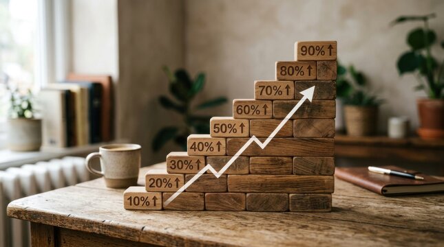 Wooden Blocks Stacked as a Growth Chart with Percentage Increases.