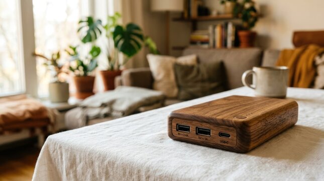 Wooden Power Bank on a Table with Plants in the Background.