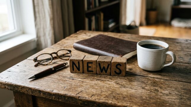 Wooden Blocks Spell NEWS Beside Coffee Cup and Glasses on Rustic Table.