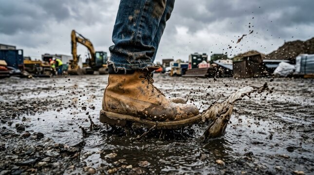 Workers muddy boot splashing water at construction site.