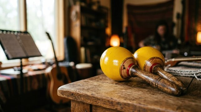 Yellow Maracas Resting on a Rustic Wooden Table in a Cozy Room.