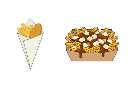 Vector illustration of traditional fast food including a cone of fries and delicious poutine