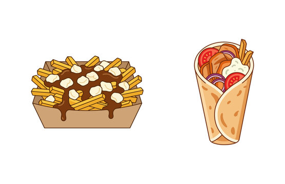 Vector illustration of Canadian poutine in a cardboard box and a delicious chicken shawarma wrap