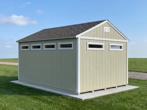 Long Light Green Storage Shed with Multiple Clerestory Windows and Side Door on Concrete Pad