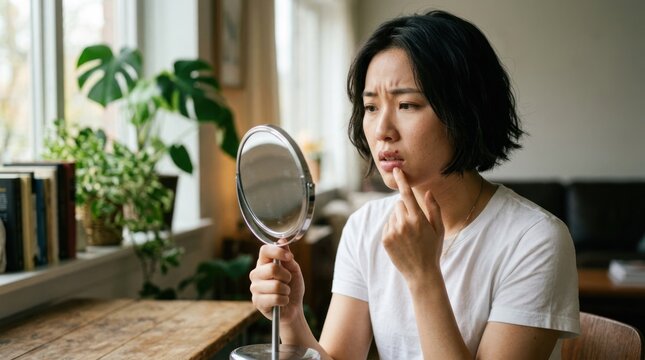Young Asian Woman Concerned About Skin Condition Looking in Mirror.