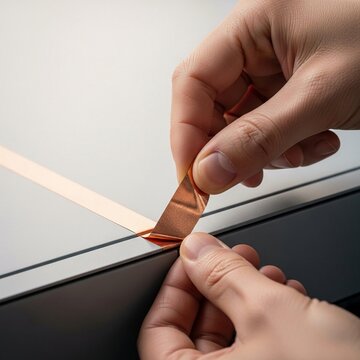 Hand applying copper tape for electromagnetic shielding on a modern electronic surface