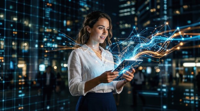 Young woman using tablet with futuristic digital network overlay in city at night.
