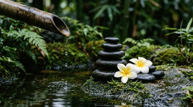 Zen Garden Tranquility - Stacked Stones, Water Feature, and Frangipani Flowers.